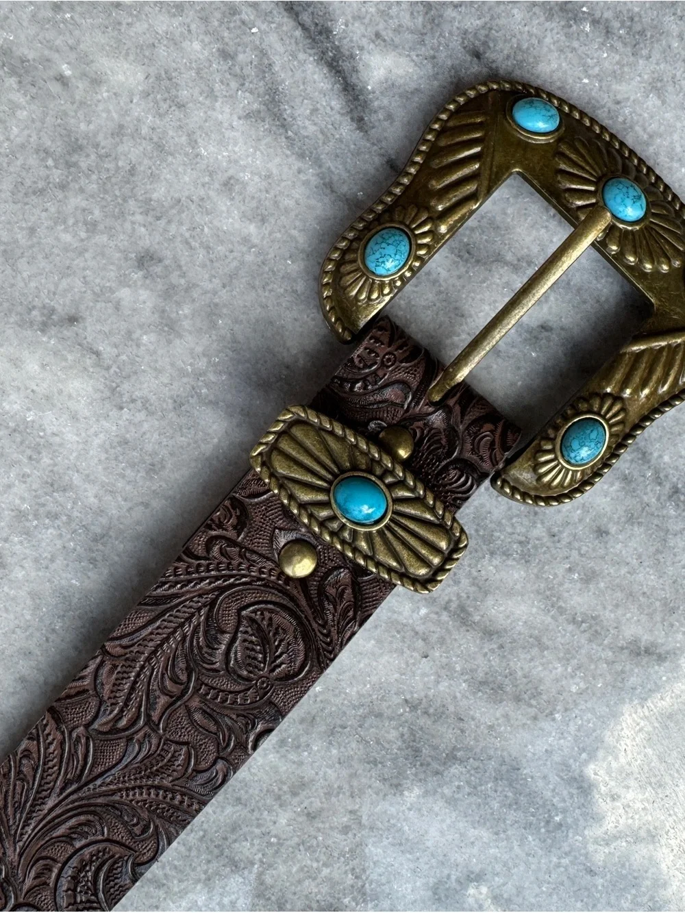 Western Tooled Brown Belt with Brass and Turquoise Buckle Accents